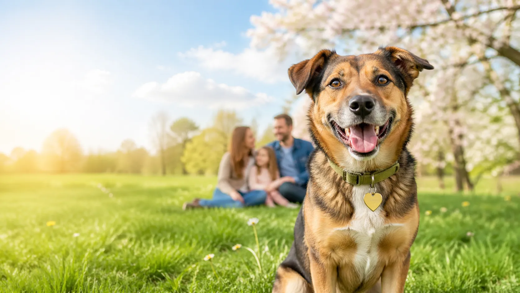 Smiling mixed-breed dog sitting in a sunny park with a family on a blanket behind it