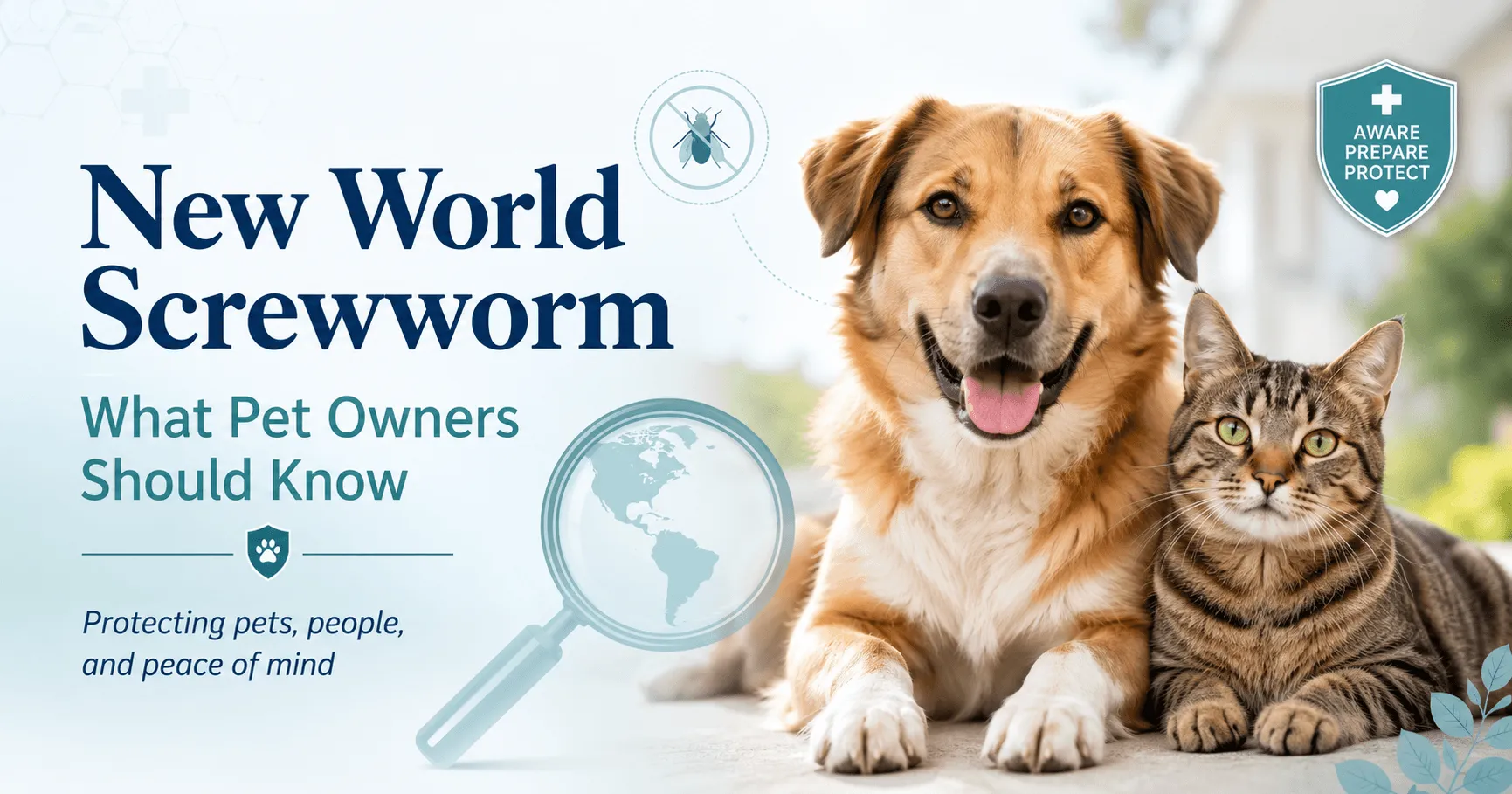 New World Screwworm: what pet owners should know, with a dog, a tabby cat and a magnifying glass over a globe